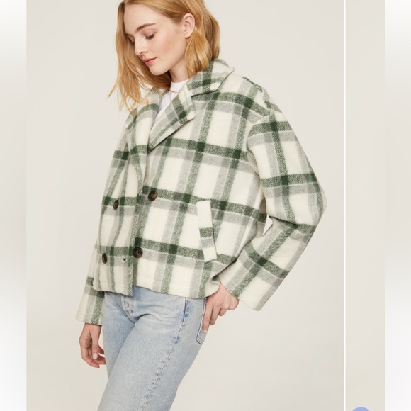 Madewell plaid pea coat style jacket in cream ivory with forest green plaid NEW - Picture 9 of 15